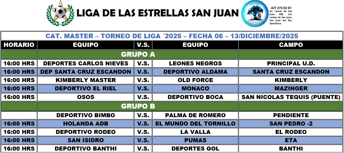 Programación Master  - Liga de las Estrellas Fecha 06